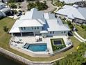 Aerial view of a luxury home showcasing the backyard pool, trampoline, patio and lush landscaping at 718 Pinckney Dr, Apollo Beach, FL 33572