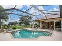 Screened-in pool area features in-ground pool, spa, and patio furniture perfect for outdoor relaxation at 33744 Americana Ave, Dade City, FL 33525