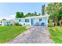 Cozy single-story home with a blue exterior, well-manicured lawn, and a charming carport at 10436 117Th Dr, Largo, FL 33773