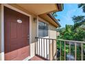 View of a condo entrance featuring a brown front door, a small window, and a balcony overlooking a grassy area at 10195 Sailwinds N Blvd # 208, Largo, FL 33773