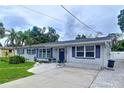 Charming single-story home featuring a well-manicured lawn, dark shutters and a beautiful palm tree at 1445 Coburn Dr, Tarpon Springs, FL 34689