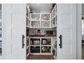 Well-organized pantry with white shelving and sliding barn doors at 15316 Winding Creek Dr, Tampa, FL 33613