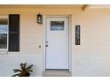 Close-up of the front door with modern light fixture and house number at 3850 Carioca Rd, Holiday, FL 34691