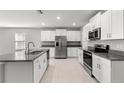 The kitchen has stainless appliances, granite countertops, and white cabinets at 8918 Parsons Hill Blvd, Wesley Chapel, FL 33545