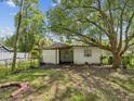 A spacious backyard with mature trees, a chain link fence and a storage building at 111 E Early St, Brooksville, FL 34601