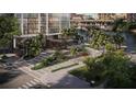 Lush landscaped entrance with palm trees, patterned walkways, and a stylish building facade creating an inviting arrival experience at 111 S Ashley Dr # 2601, Tampa, FL 33602