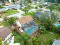 Aerial view of a private screened-in pool offering a relaxing outdoor oasis and backyard at 15711 Springmoss Ln, Tampa, FL 33624