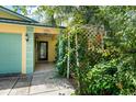 Close-up of the front door, partially obscured by foliage and an overgrown trellis at 17807 Fallowfield Dr, Lutz, FL 33549
