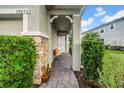 Charming entryway with brick accents, covered walkway, and decorative plants at 19272 Blue Pond Dr, Lutz, FL 33558