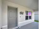 Close up of the front door with gray coloring, a doorbell, a window, and an ornate wall hanging at 7737 Rosewood Garden Loop, Tampa, FL 33637