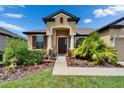 Beautiful home exterior showcases a well-maintained lawn with tropical plants and a welcoming entrance at 11911 Sunburst Marble Rd, Riverview, FL 33579