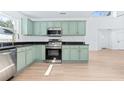 Beautiful kitchen with stainless appliances, green cabinets, a view to the living area and great natural light at 12106 Clearbrook Ct, Riverview, FL 33569