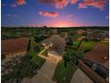 An aerial view of a home with a driveway, lush landscaping, and a well-maintained lawn at sunset at 8604 Herons Cove Pl, Tampa, FL 33647