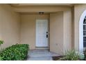 View of the front door with sidelight and plants, creating an inviting entrance to the home at 8990 Antigua Dr, Seminole, FL 33777