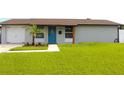Charming single-story home boasts a well-manicured lawn and a vibrant blue front door at 7909 Woodgrove Cir, Tampa, FL 33615