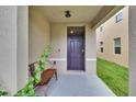 Inviting covered front porch with a cozy bench and a freshly painted front door at 11019 Leland Groves Dr, Riverview, FL 33579