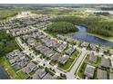 An aerial view of a community with houses and beautiful lakes in the background at 11881 Ranchers Gap Dr, Odessa, FL 33556