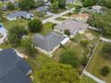 Aerial view of home's roof, backyard, and surrounding neighborhood with mature trees at 13384 Brighton St, Spring Hill, FL 34609