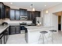 Modern kitchen boasts stainless appliances, granite counters, and breakfast bar at 1674 Roseville St, Lutz, FL 33549
