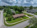 Aerial view shows the house and its large, green lot in a quiet suburban neighborhood at 37821 Willingham Ave, Dade City, FL 33525