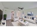 Inviting living room featuring contemporary furnishings, a plush white rug, and an open layout that flows into the kitchen at 1210 Eastloch Ct, Sun City Center, FL 33573