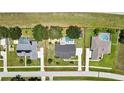 Aerial view of a property with a screened-in pool and red boundary lines marking the property at 22431 Panther Run Ct, Land O Lakes, FL 34639