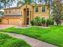 Beautiful home with lush front lawn and mature palm tree at 29916 Cedar Waxwing Dr, Wesley Chapel, FL 33545