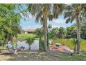 Waterfront backyard featuring a tranquil pond, palm trees, dock and an inviting outdoor seating area at 3156 Depew Ave, Port Charlotte, FL 33952