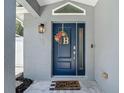 Close-up of the inviting blue front door with decorative wreath and 'Home Sweet Home' doormat at 8717 Persea Ct, Trinity, FL 34655