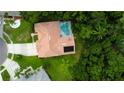 Aerial view showcases property with screened-in pool and lush landscaping, creating a private oasis at 1827 Foxboro Ct, Oldsmar, FL 34677