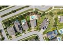 Aerial shot of the property showcasing the pool, landscaping, and proximity to nearby roads and neighborhood at 1669 Feather Grass Loop, Lutz, FL 33558