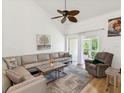 Inviting living room featuring vaulted ceiling, ample seating, and sliding glass door to outside patio at 3077 Branch Dr, Clearwater, FL 33760