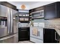 Updated kitchen featuring granite countertops, stainless steel refrigerator, and sleek dark cabinetry at 6932 Stones Throw N Cir # 7101, St Petersburg, FL 33710