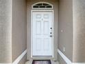 Close-up of a white front door with decorative window above and security features at 13337 Tubeck St, Spring Hill, FL 34609