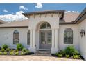 Close-up of a home's columned entry, featuring a decorative glass door and manicured landscaping at 16304 Wild Mallard Dr, Odessa, FL 33556