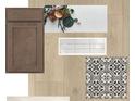 Material board showcasing cabinet, flooring, backsplash and countertop materials for the kitchen or bathroom at 5028 Chapel Row Ave, Apollo Beach, FL 33572