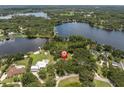 Overhead view showcasing the residence's proximity to the lake and lush greenery at 11008 Nest Ct, Odessa, FL 33556