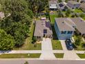 Aerial view of a cozy home with solar panels, a backyard gazebo, and lush landscaping in a friendly neighborhood at 9016 Water Chestnut Dr, Temple Terrace, FL 33637