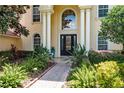 Elegant entryway featuring stately columns and a professionally landscaped walkway at 3042 Wentworth Way, Tarpon Springs, FL 34688