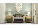 Stylish Bedroom with a woven baby crib, adorned with decorative wall hanging and coordinated side tables at 4765 Southern Valley Loop, Brooksville, FL 34601