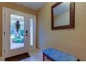 Inviting entryway with glass paneled door, bench, and decorative mirror at 163 Brent Cir, Oldsmar, FL 34677