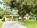 Charming single-story home featuring a brick driveway and mature tree, with a cheerful, light blue door at 3575 Lake Highland Dr, Palm Harbor, FL 34683