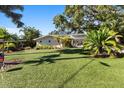 Beautiful home with manicured artificial lawn and lush palm trees creates a tropical paradise at 4722 W Laurel Rd, Tampa, FL 33629