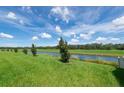 Picturesque backyard overlooking a serene canal, featuring a lush green lawn and mature trees at 16972 Oval Rum Dr, Wimauma, FL 33598