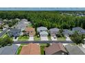 Aerial view of a residential street showcasing the home's location within a lush, green neighborhood at 25435 Bruford Blvd, Land O Lakes, FL 34639