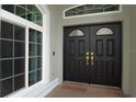 Close-up of a grand double front door with glass accents and brass hardware at 25435 Bruford Blvd, Land O Lakes, FL 34639