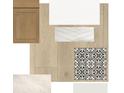 Selection of interior finishes including wood flooring, quartz counters, and decorative tiles at 699 Allora Ave, Nokomis, FL 34275