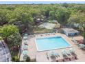 Aerial view of community pool with lounge chairs, umbrellas, and tennis courts in the background at 3335 Fox Hunt Dr, Palm Harbor, FL 34683