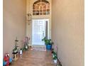Inviting front entrance with decorative plants, tiled floor, and a charming welcome mat at 7254 Parkersburg Dr, Wesley Chapel, FL 33545