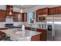 Modern kitchen with stainless steel appliances, island with seating, and dark wood cabinets at 13740 Rocky Pine Pl, Spring Hill, FL 34610